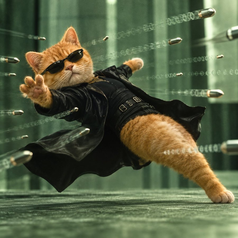 Ginger eepy cat in a Matrix-style leather coat and sunglasses dodging bullets