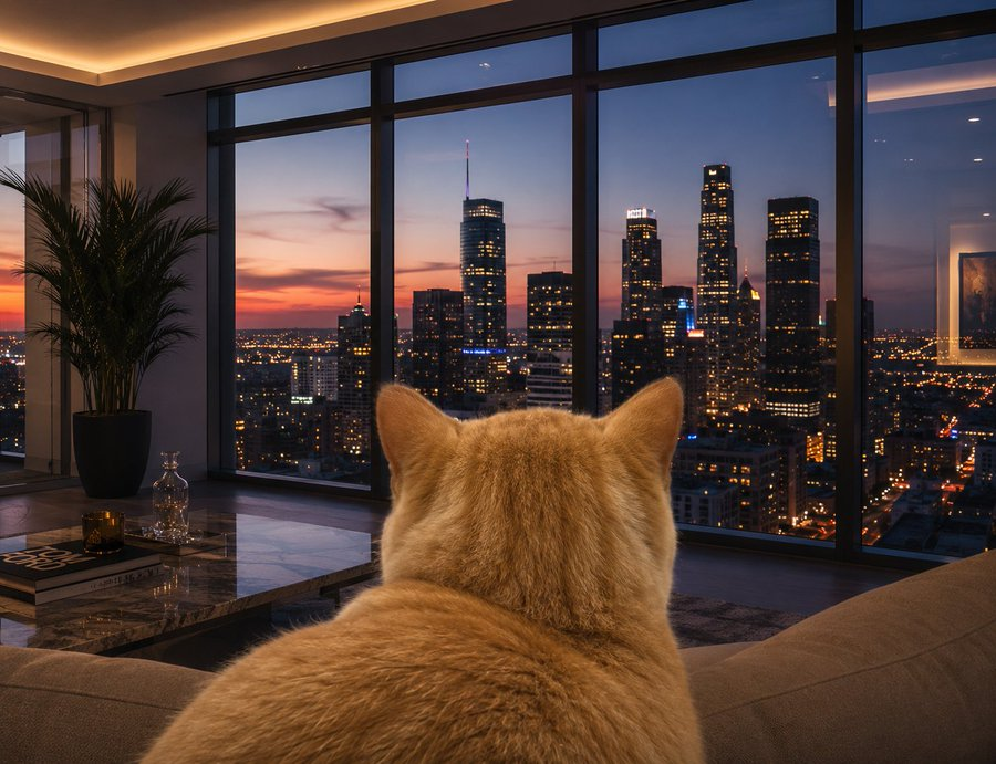Ginger eepy cat lounging on a couch gazing at a glowing city skyline at dusk