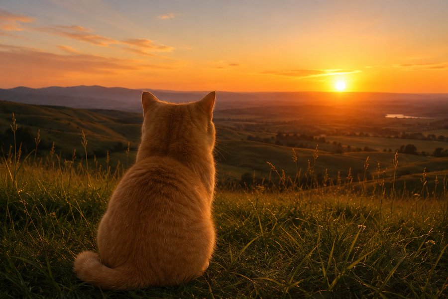 Ginger eepy cat sitting in tall grass watching a golden sunset over rolling hills