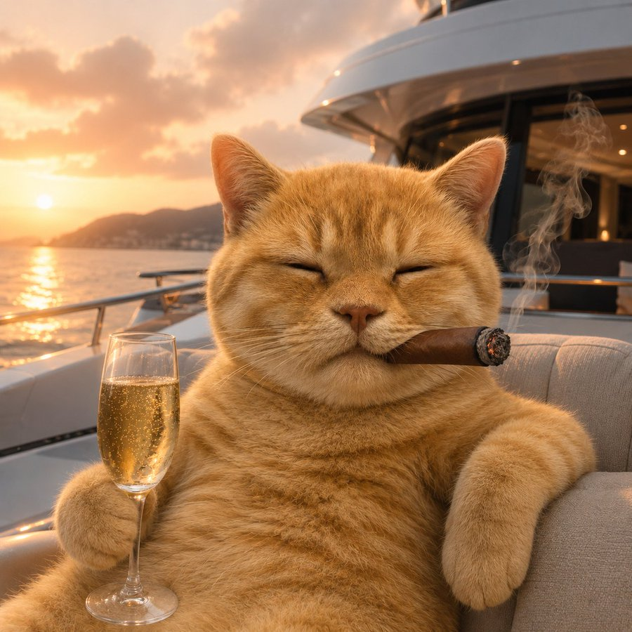 Chunky ginger eepy cat relaxing on a yacht at sunset with a cigar and champagne