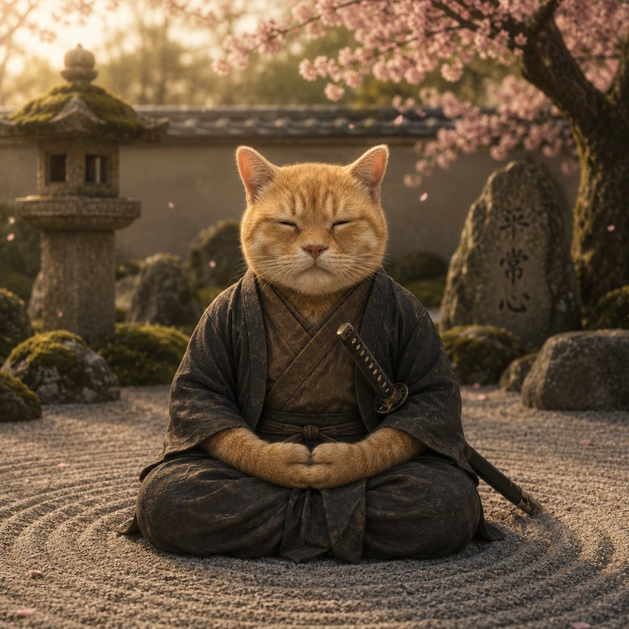 Ginger eepy cat as a serene samurai monk meditating in a Zen garden under cherry blossoms